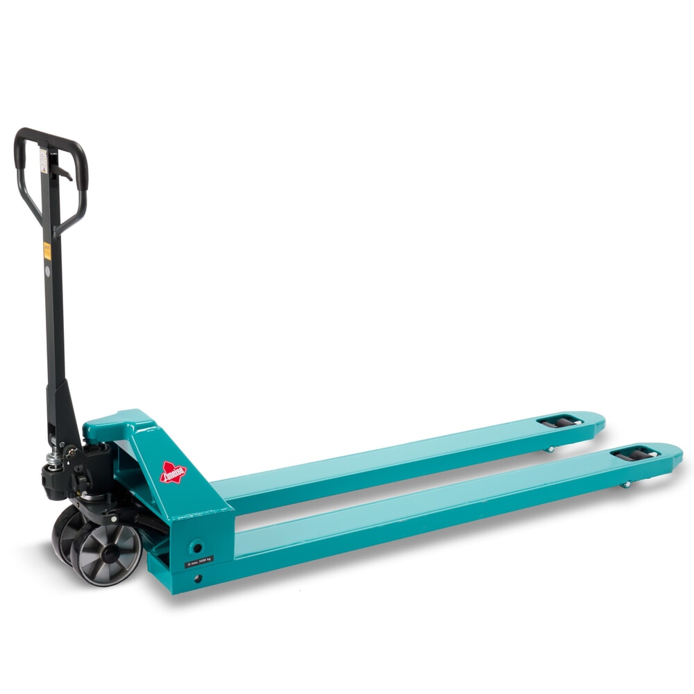 Termékkép: Ameise® PTM 3.5 kézi emelőkocsi, 3500 kg teherbírás, 1800 mm villahossz, poliuretán kerekek, tandem görgők